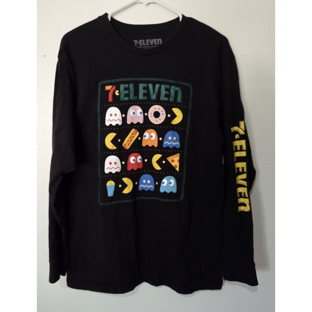 7 Eleven Pac-Man T-Shirt Black Retro Arcade Gaming Long Sleeve 7 11 Adult Large